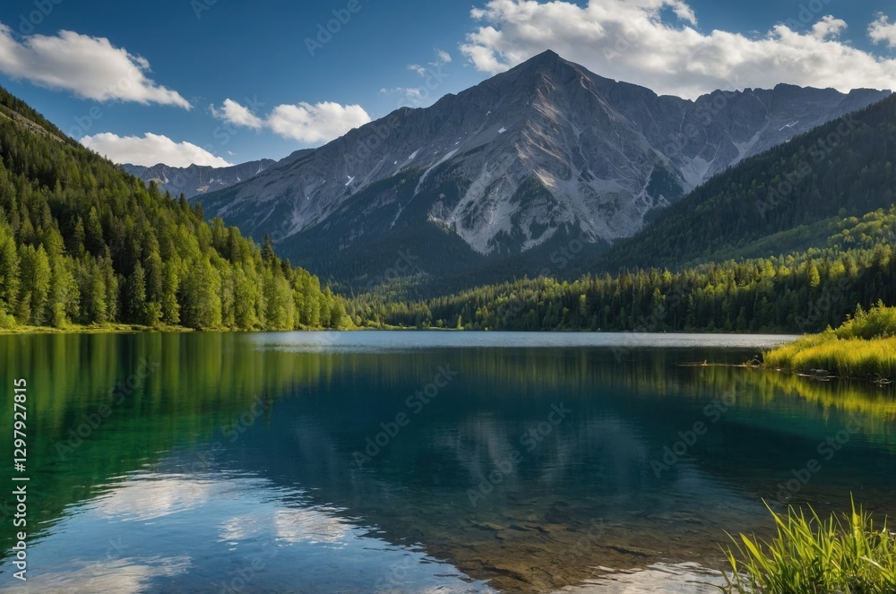 Lush greenery surrounds a serene lake at sunset Lush greenery surrounds a serene lake at sunset