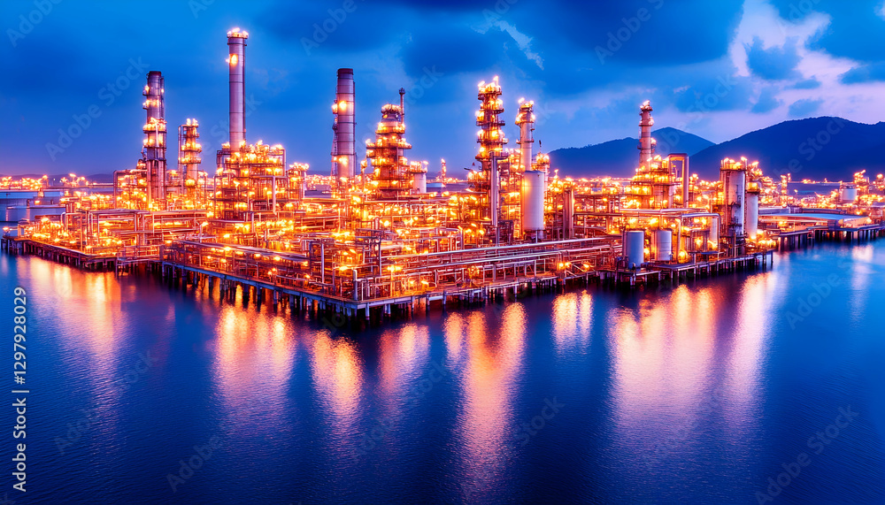 Fototapeta premium Oil refinery complex at twilight, reflected in the water