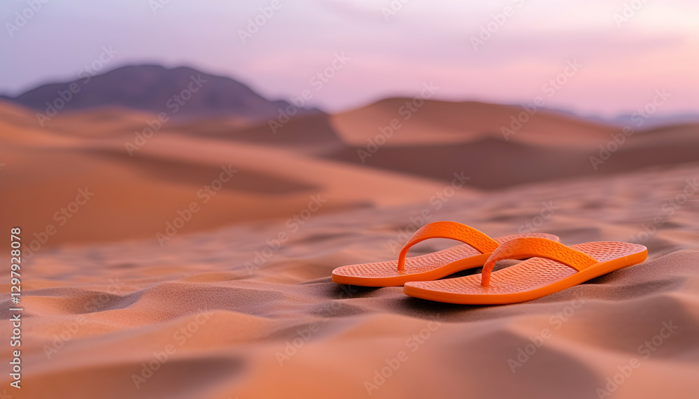 Orange flip-flops on sandy desert dunes at sunset. Possible use Travel, vacation, summer Orange flip-flops on sandy desert dunes at sunset. Possible use Travel, vacation, summer