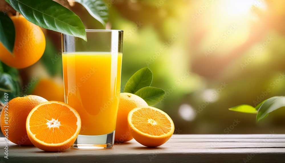 Naklejka premium Glass with orange juice and fresh fruit on table, nature