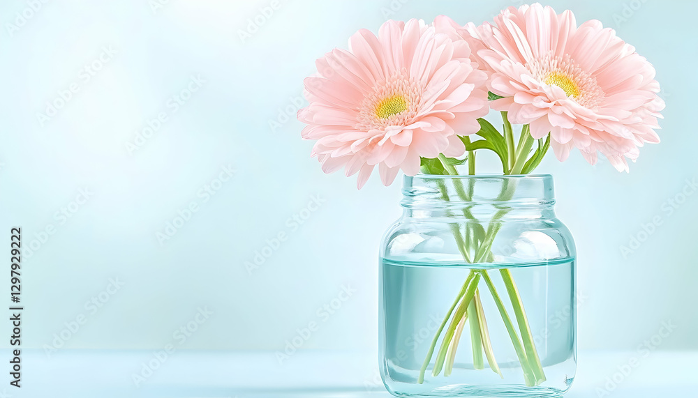Pink Gerbera Daisies in Clear Glass Vase, Soft Pastel Background, Still Life, Floral Arrangement, Visual Appeal, Calm, Peaceful, Quiet, Happy Pink Gerbera Daisies in Clear Glass Vase, Soft Pastel Background, Still Life, Floral Arrangement, Visual Appeal, Calm, Peaceful, Quiet, Happy