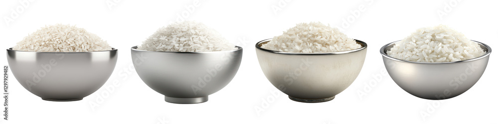 Bowl of rice in various silver containers, showcasing different shapes and sizes Bowl of rice in various silver containers, showcasing different shapes and sizes