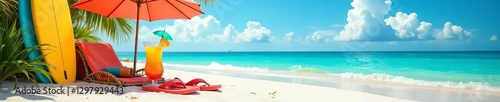 Vibrant beach scene with surfboards, umbrella, flip flops, and tropical cocktails on the sand, summer, accessories, holiday