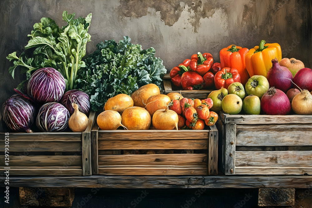 Abundance of Fresh Vegetables and Fruits Displayed in Wooden Crates, Rustic Still Life Abundance of Fresh Vegetables and Fruits Displayed in Wooden Crates, Rustic Still Life