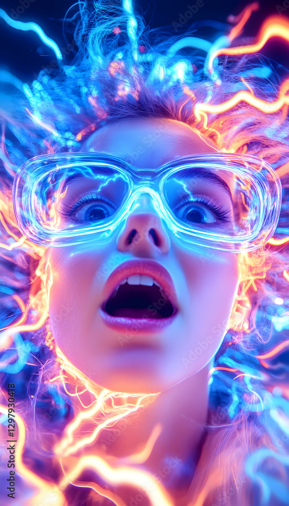 Shocked woman with glowing hair and glasses. Possible use Fashion, Futuristic, Entertainment Shocked woman with glowing hair and glasses. Possible use Fashion, Futuristic, Entertainment