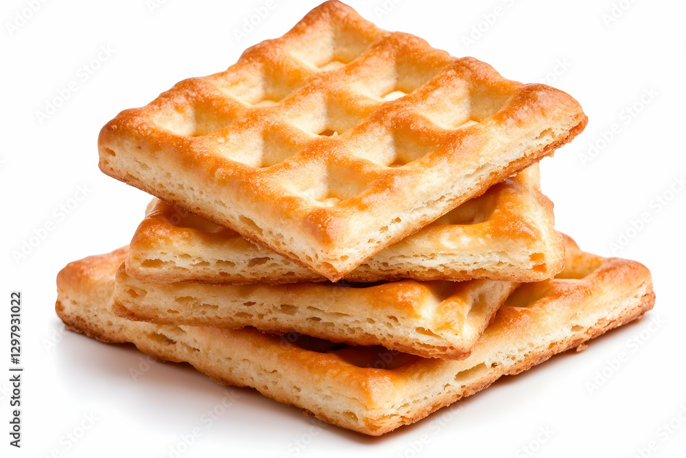 Stack of crispy square biscuits on white background, ideal for food photography or packaging Stack of crispy square biscuits on white background, ideal for food photography or packaging