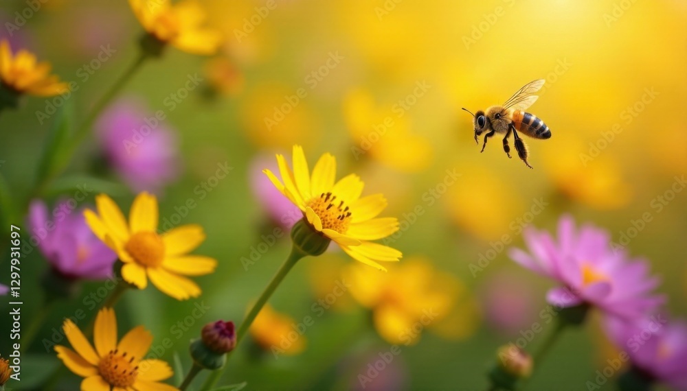Busy bee soars above vibrant wildflowers on a warm summer day, wildflowers, bee, garden Busy bee soars above vibrant wildflowers on a warm summer day, wildflowers, bee, garden
