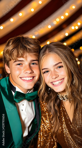 Teenagers at Formal Event, Smiling, Bokeh Background, Potential Use for Prom, School, or Party Stock Photo photo