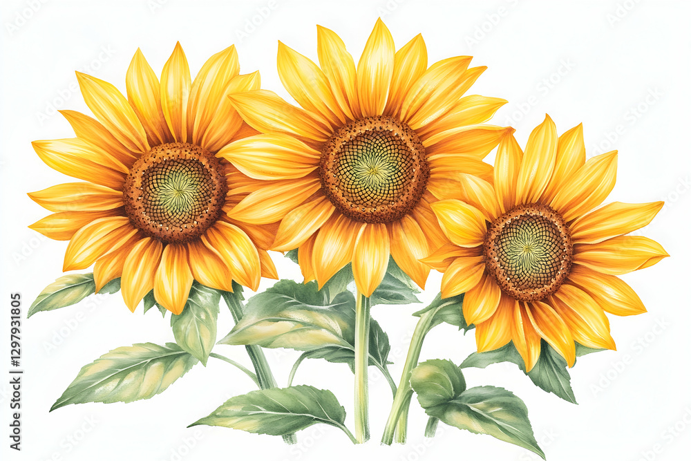 Obraz premium Three sunflowers on white background