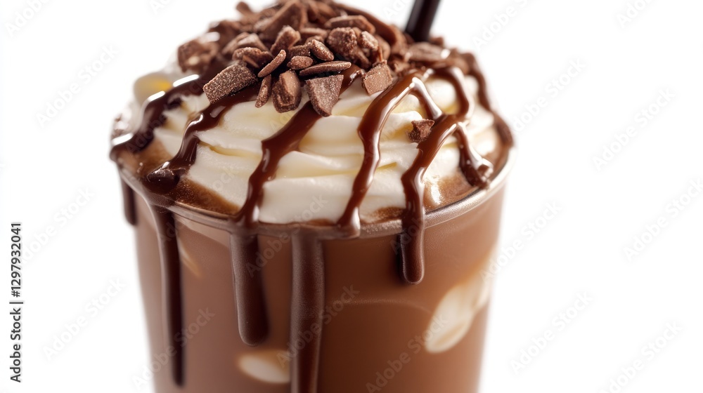 A glass of chocolate milk with whipped cream and chocolate shavings on top A glass of chocolate milk with whipped cream and chocolate shavings on top