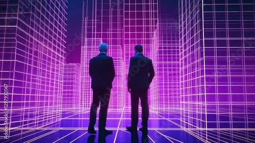 Futuristic Digital Cityscape Two Men in Suits Amidst Neon Purple Grid Lines, Embracing Virtual Reality and Technology Innovation in Virtual Urban Environment