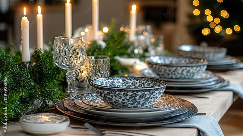 A festive table set with candles and Christmas dinner dishes. A festive table set with candles and Christmas dinner dishes.