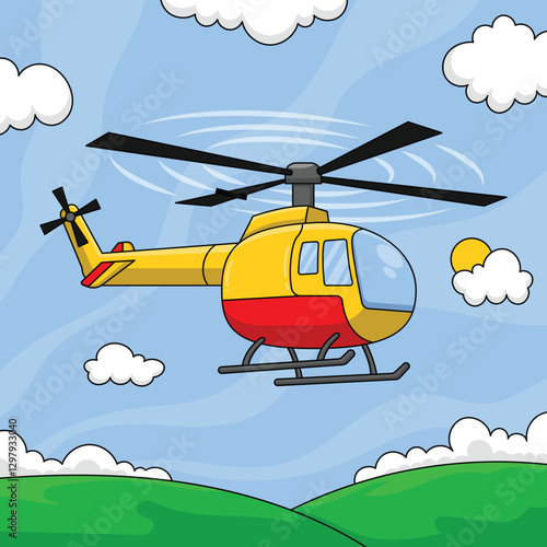 Children s educational coloring book illustrations featuring a cartoon helicopter in a flat design style