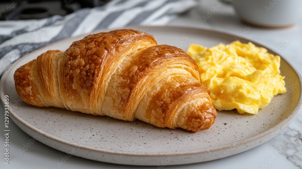 Fresh Croissant with Scrambled Eggs on Minimalist Plate Fresh Croissant with Scrambled Eggs on Minimalist Plate