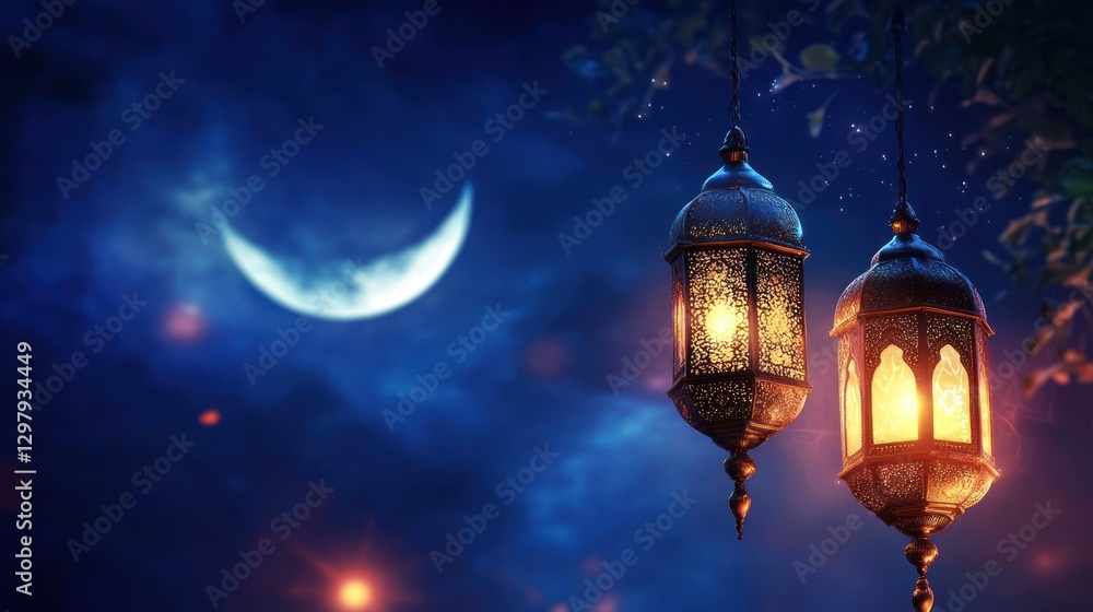 new ramadan kareem festive background 2025 with hanging lantern and moon new ramadan kareem festive background 2025 with hanging lantern and moon