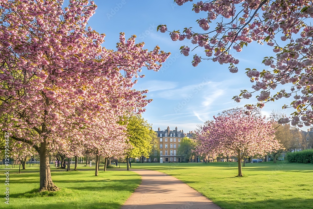 Naklejka premium A Picturesque Scene of Cherry Trees in Full Bloom.