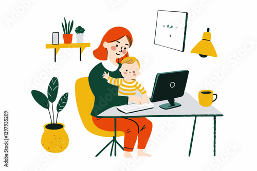Mother with Baby Balancing Work and Parenting at Home in a Modern Workspace