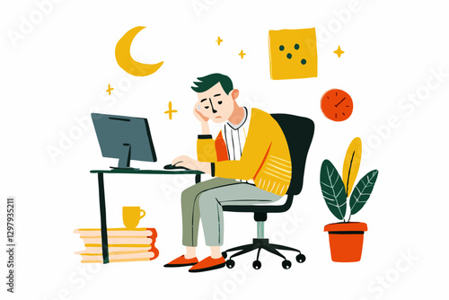 Remote Work Fatigue: Young Professional Struggling with Workload at Home Office Desk