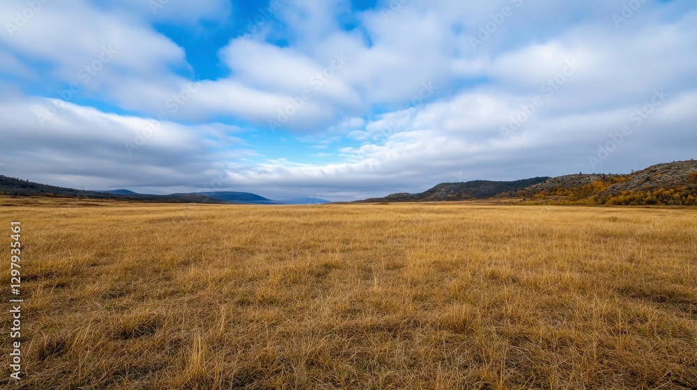 Vast Golden Meadow Under Dramatic Cloudy Sky in Scenic Landscape Vast Golden Meadow Under Dramatic Cloudy Sky in Scenic Landscape