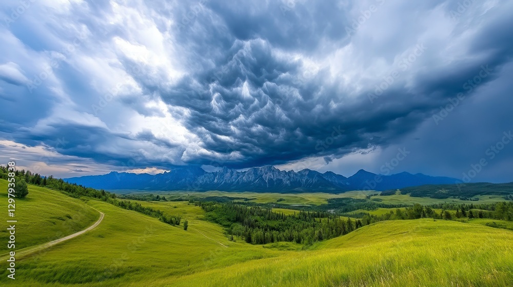 Obraz premium Dramatic Cloudscape Over Rolling Green Hills with Mountains in View