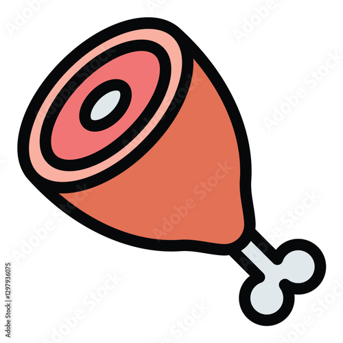 Ham Leg Icon Simplified ham leg with a bone sticking out, rounded meat section, and subtle shading in flat line color style.
