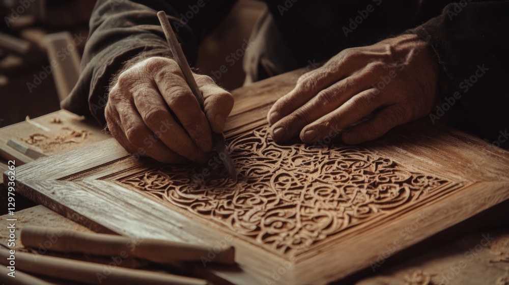 Obraz premium Carving intricate wood panel, workshop
