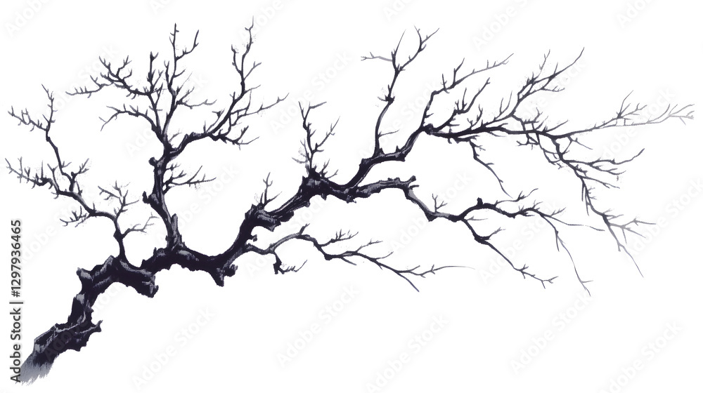 Artistic illustration of a detailed black tree branch on a white background. Artistic illustration of a detailed black tree branch on a white background.