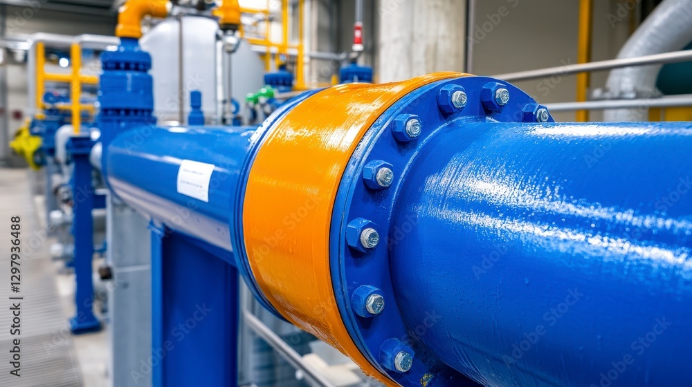 Blue Pipeline with Orange Flange in Industrial Facility Blue Pipeline with Orange Flange in Industrial Facility
