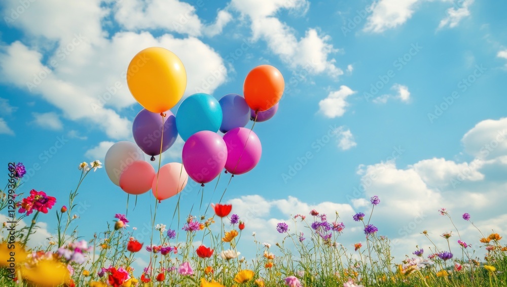 Colorful balloons float above a vibrant wildflower field under a bright blue sky. Colorful balloons float above a vibrant wildflower field under a bright blue sky.