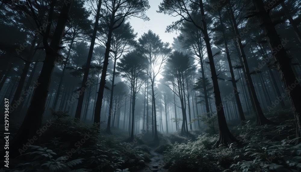 Fototapeta premium Mystical Foggy Forest Path Sunlight Through Tall Trees and Lush Greenery
