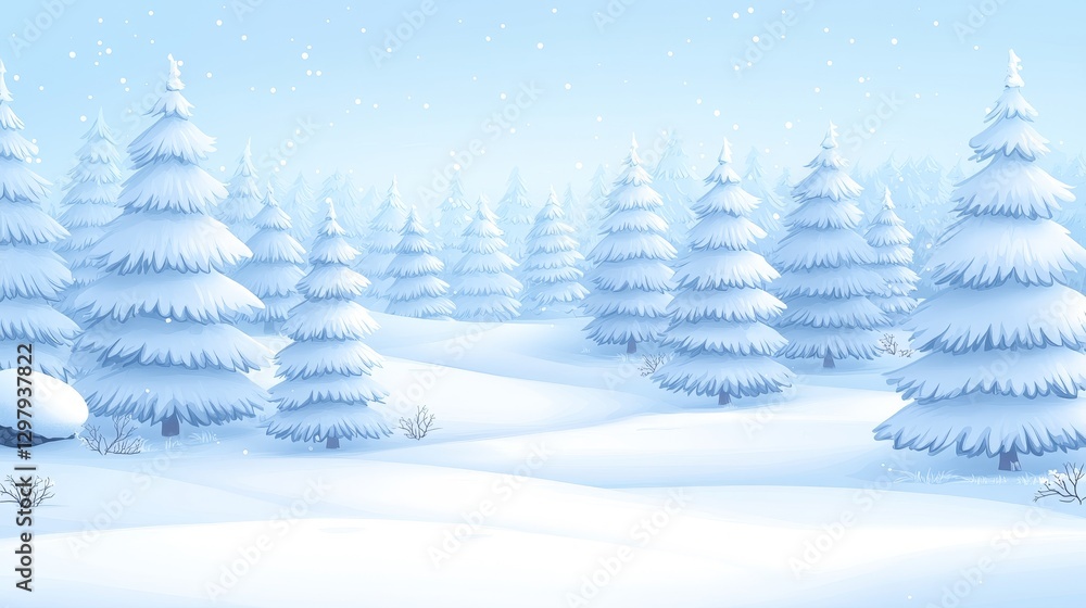 Enchanting snowy wonderland landscape backdrop with frosted pine trees and gently falling snow for a magical winter holiday season Enchanting snowy wonderland landscape backdrop with frosted pine trees and gently falling snow for a magical winter holiday season