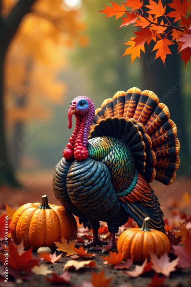 Fototapeta premium Colorful turkey surrounded by autumn leaves and cornucopia in a festive setting, harvest theme, cornucopia, vibrant colors