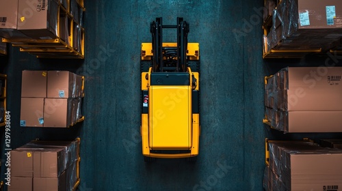 Forklift centered between stacked boxes in industrial warehouse, top down view