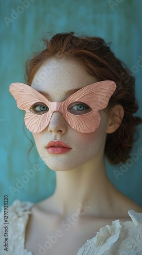 Blonde model with red lips and sunglasses wears a carnival mask, showcasing beauty and glamour photo