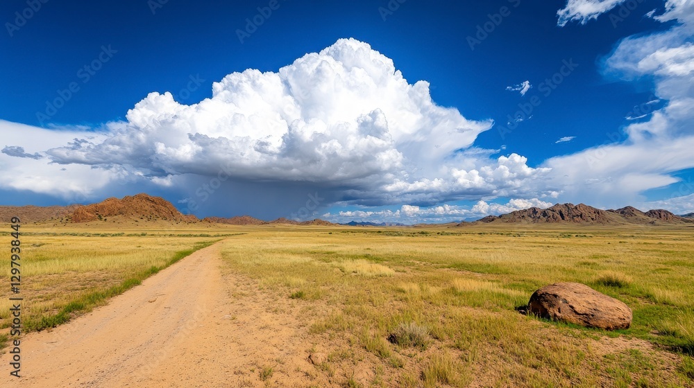 Obraz premium Majestic Landscape with Cloudy Sky Over Open Prairie and Mountains