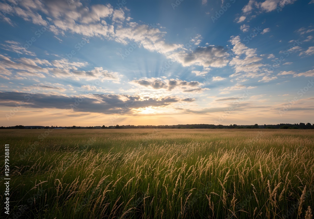 Fototapeta premium Golden Grass Field at Sunset with Dramatic Sky and Sun Rays
