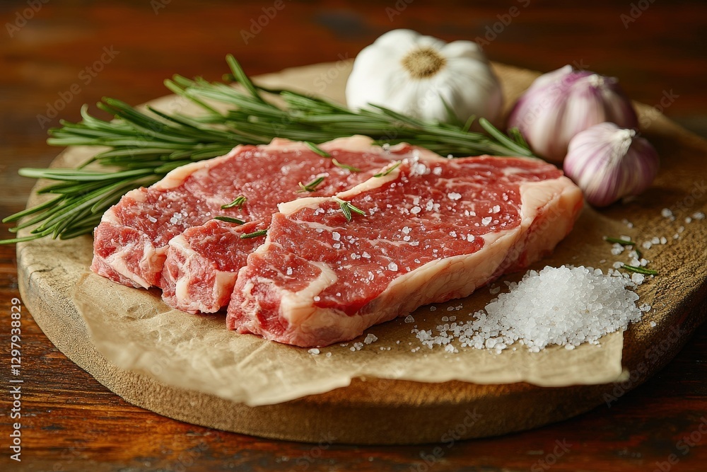 Juicy raw strip steaks seasoned with sea salt and rosemary, ready for grilling. Garlic cloves and sprigs of rosemary add rustic charm. Juicy raw strip steaks seasoned with sea salt and rosemary, ready for grilling. Garlic cloves and sprigs of rosemary add rustic charm.