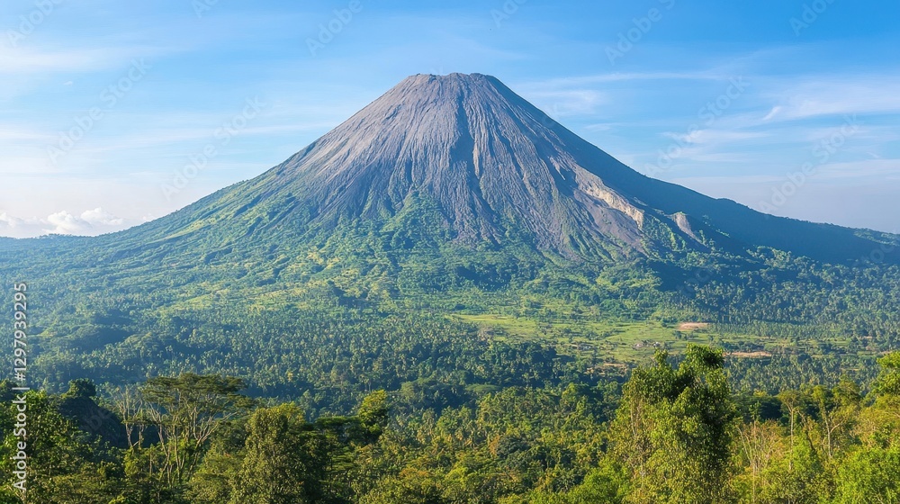 Majestic Volcano in a Lush Green Landscape Under Clear Blue Sky Majestic Volcano in a Lush Green Landscape Under Clear Blue Sky