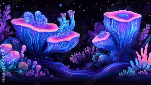 Fototapeta Naklejka Na Ścianę i Meble -  Luminous underwater landscape coral reef shimmering ocean depths marine life glowing sea world vibrant ecosystem fantasy seascape