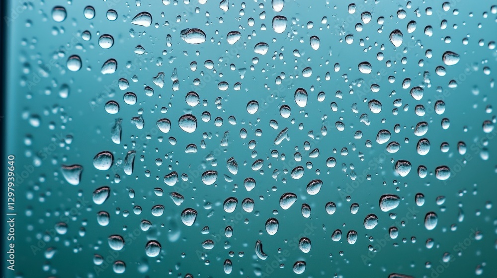 Close-Up of Water Droplets on a Glass Surface with Blue Background Close-Up of Water Droplets on a Glass Surface with Blue Background