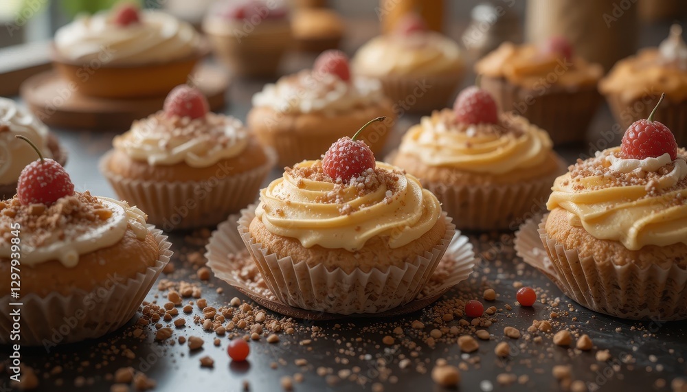 Delicious Vanilla Cupcakes Topped with Raspberries and Crumble A Sweet Treat Delicious Vanilla Cupcakes Topped with Raspberries and Crumble A Sweet Treat