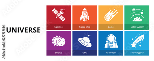 Universe Glyph Solid Banner Web Icon Set Vector Illustration, Satellite Space Ship Comet Solar System Eclipse UFO Astronaut Shooting Star