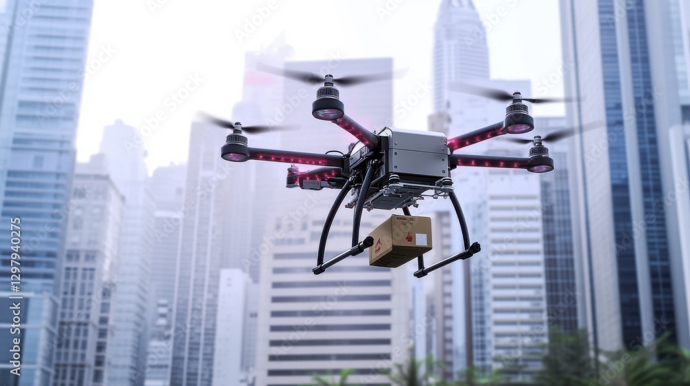A next-generation drone delivering a package in a city A next-generation drone delivering a package in a city