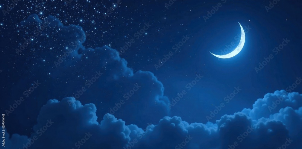Fototapeta premium Dark blue background with scattered white and silver stars and a crescent moon shining bright , space, night sky, galaxy