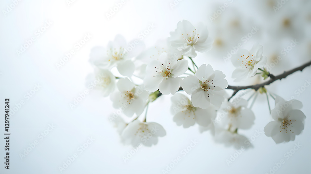 A close-up of white cherry blossoms blooming on a branch, beautifully lit. A close-up of white cherry blossoms blooming on a branch, beautifully lit.