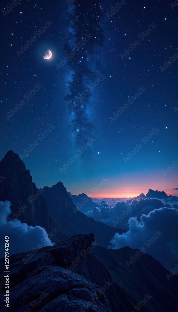 Dark celestial night with twinkling stars and moon, space, stars, cosmos Dark celestial night with twinkling stars and moon, space, stars, cosmos