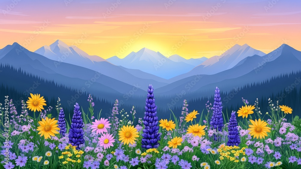 Fototapeta premium Tranquil mountainscape illustration with a vibrant wildflower meadow under an orange sunrise backdrop creating a serene vista