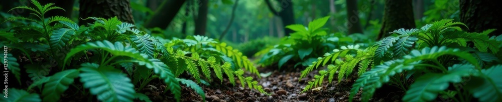 Dark forest floor covered in large, leathery ferns and dark green leafy plants, tropical, forest, plants Dark forest floor covered in large, leathery ferns and dark green leafy plants, tropical, forest, plants