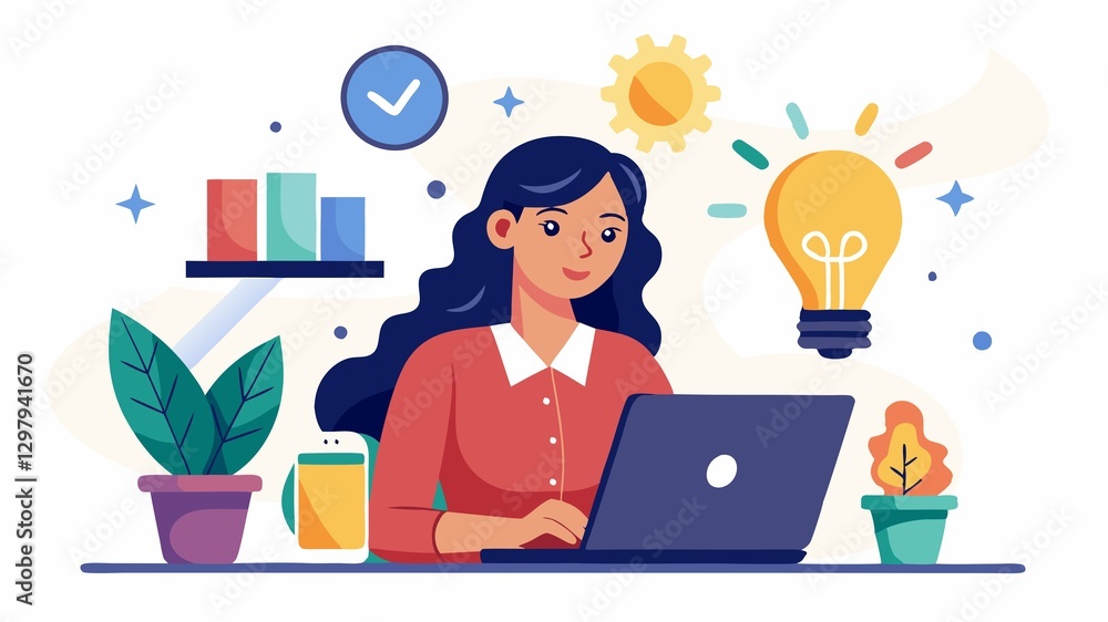 This image portrays a driven businesswoman deeply engrossed in her work, using her laptop to develop creative ideas for her company while diligently working towards a project deadline. This image portrays a driven businesswoman deeply engrossed in her work, using her laptop to develop creative ideas for her company while diligently working towards a project deadline.