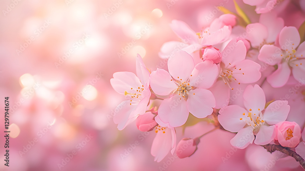 A close-up view of cherry blossom flowers with a dreamy pink backdrop. A close-up view of cherry blossom flowers with a dreamy pink backdrop.